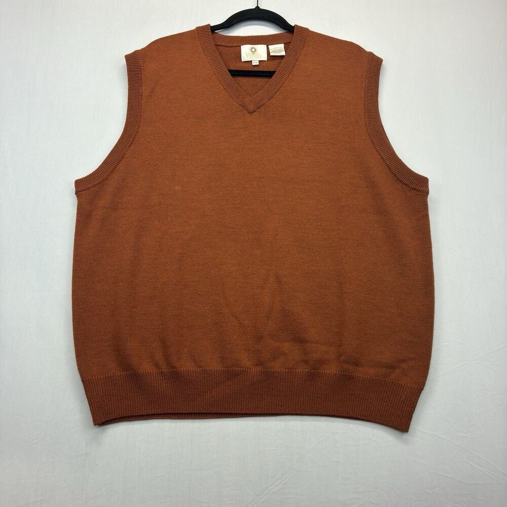 Viyella Sweater Vest Men’s Large Rust Orange Merino Wool V Neck Knit Vintage